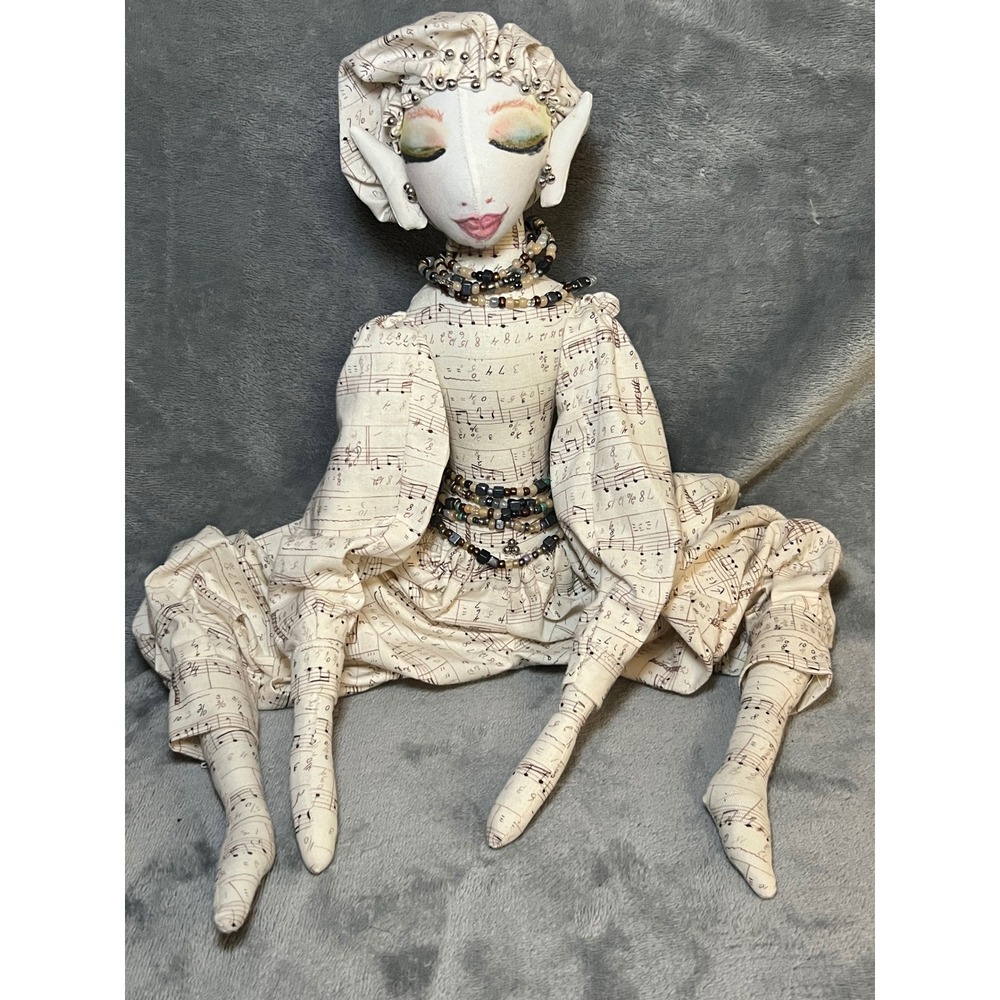 Handmade Music Sheet Elf Art Doll Hand Painted Beaded Fantasy Folk Art 13"